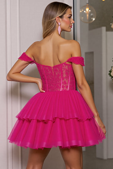 Off The Shoulder Fuchsia Corset Homecoming Dress with Appliques